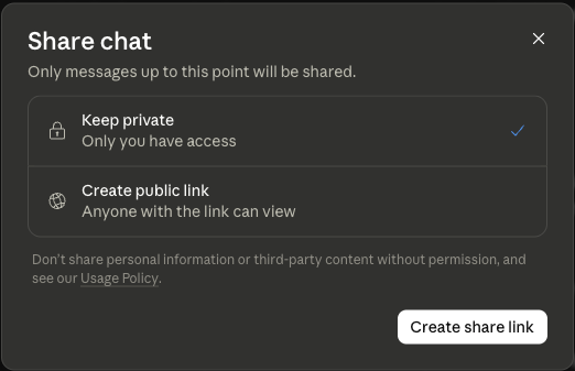 A screenshot of Claude’s “share chat” feature, when the user chooses the “Keep private” optionImage